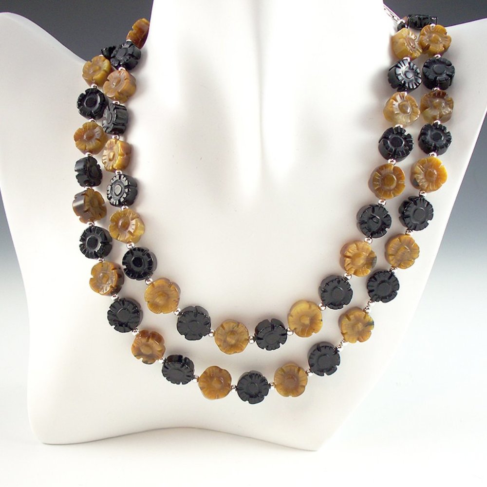 Tiger Eye, Onyx, and Sterling Silver Necklace